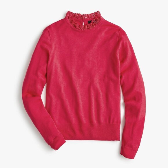 New J.Crew 100% Merino Wool Tippi Lace Collar Sweater Rose Pink M $128 - Picture 1 of 7